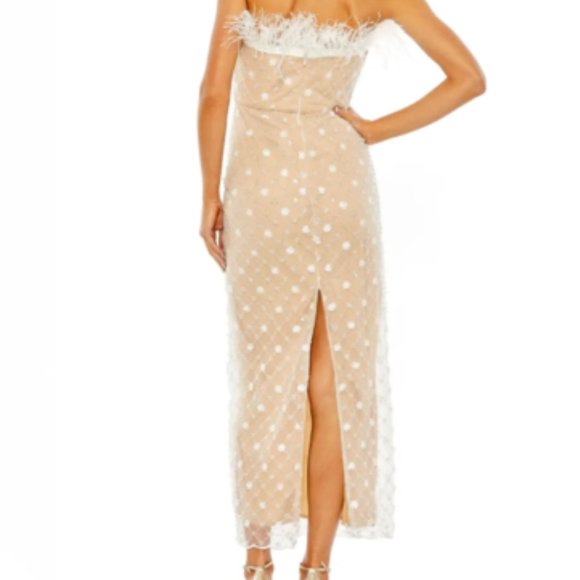 MAC DUGGAL FEATHER DETAIL BEADED STRAPLESS TULLE WHITE/BEIGE MIDI DRESS sz 2 - Picture 6 of 6